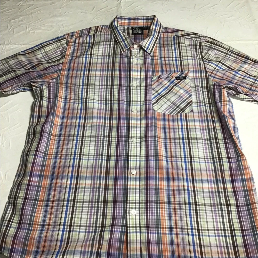 Volcom Casual Purple and Orange Plaid Button Down Shirt Item #111 - Picture 7 of 9